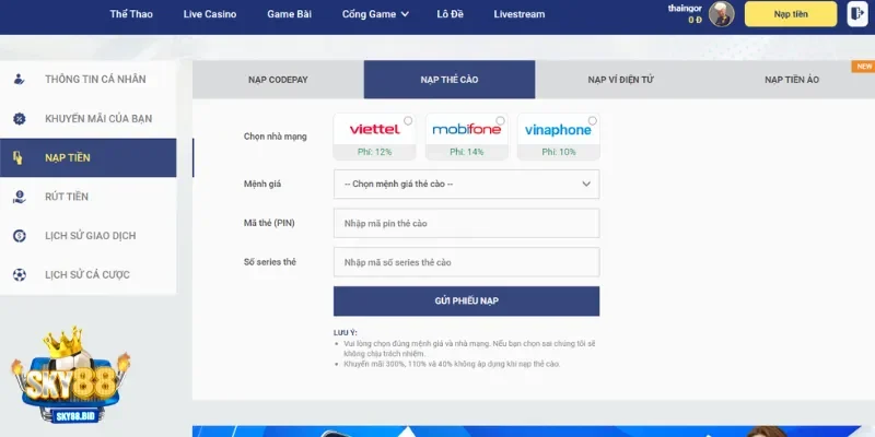 Chọn phương thức nạp tiền SKY88